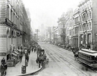 San Francisco circa s California Street from Sansome Street With a horsecar passing by